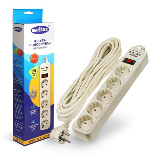 Сетевой фильтр-удлинитель SVITTEX 5.0м 10А 220В.- 2*USB 5V 2.1A. SV-025