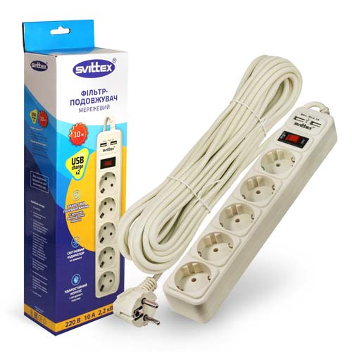 Мережевий фільтр-подовжувач SVITTEX 10.0м 10А 220В. - 2*USB 5V 2.1A. SV-026