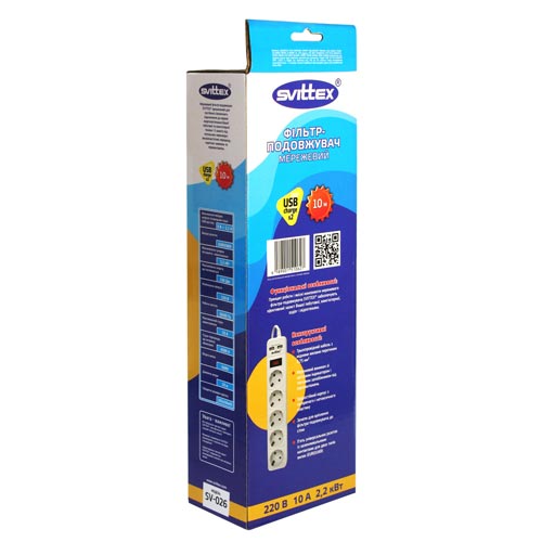 Мережевий фільтр-подовжувач SVITTEX 10.0м 10А 220В. - 2*USB 5V 2.1A. SV-026