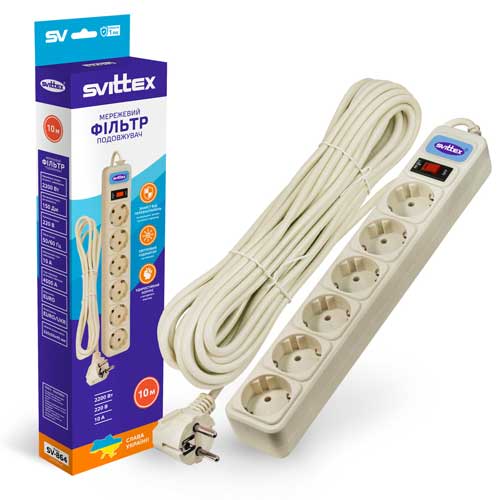Подовжувач SVITTEX з мережевим фільтром 10 м SV-864 шестимісний Подовжувач SVITTEX з мережевим фільтром 10 м SV-864 шестимісний